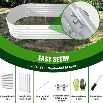 A ANLEOLIFE 6X2X1.5 ft Galvanized Raised Garden Beds Outdoor, Oval Round Metal Planter Box for Planting Vegetables Flowers Herb, Anti-Rust & Easy-Setup, Antique White