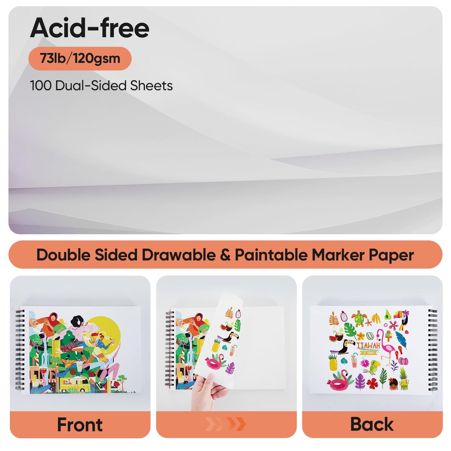 Artview 9" x 12" Marker Paper Pad, 100 Sheets, 73 lb/120 GSM Heavyweight Spiral Marker Paper, Bleed-Resistant for Alcohol Markers, Dual-Sided Drawing & Painting for Adults and Kids