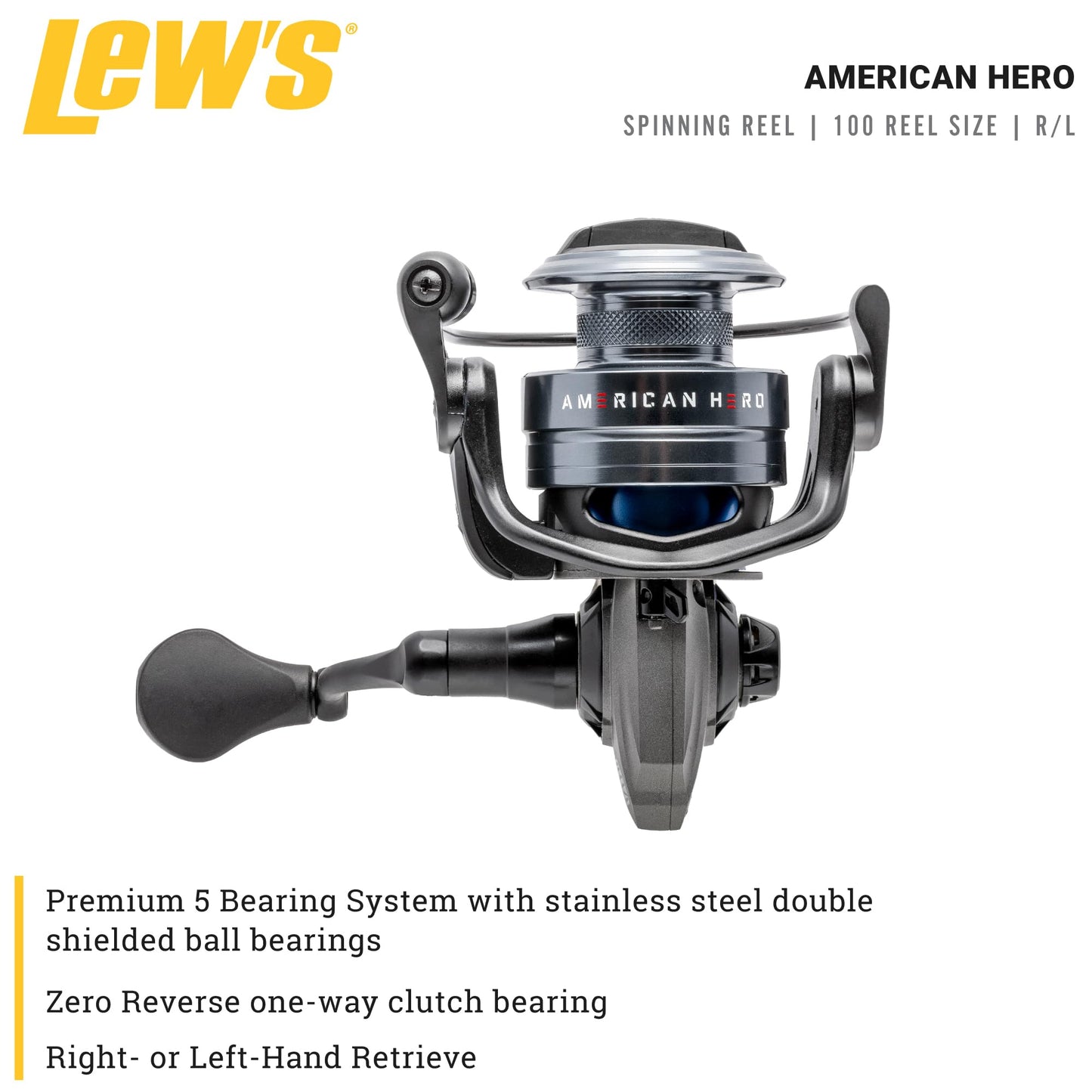 Lew’s American Hero Spinning Fishing Reel, Size 200 Reel, 4+1 Bearings, 6.2:1 Gear Ratio, Graphite Frame, Speed Gears, Speed Lube, Gray/Black/Blue