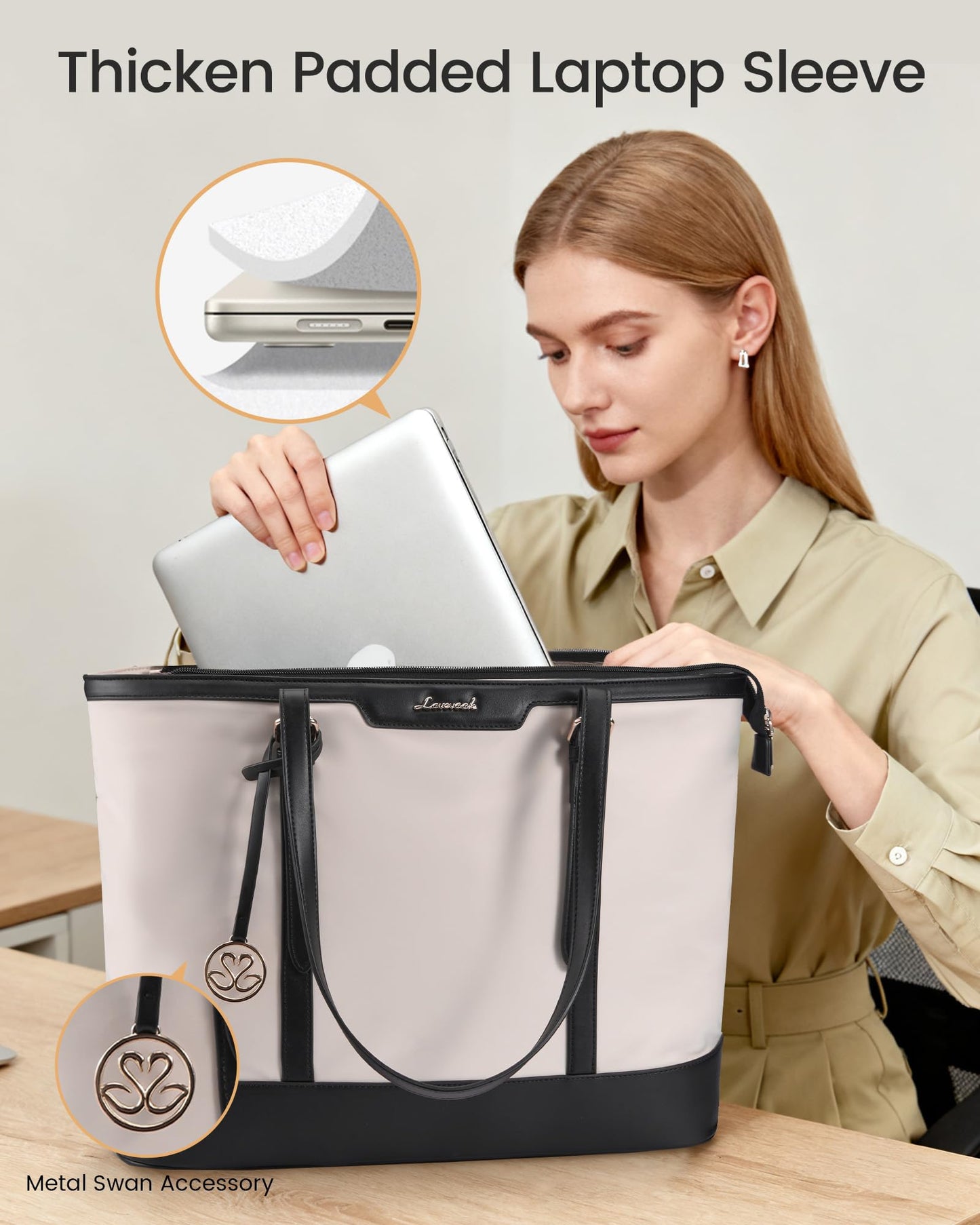 LOVEVOOK Work Tote Bag for Women 17.3 Inch Laptop Computerk Bags with Cup Holder, Large Teacher Bag Briefcase for Business Office Travel Black-White, Nylon&PU