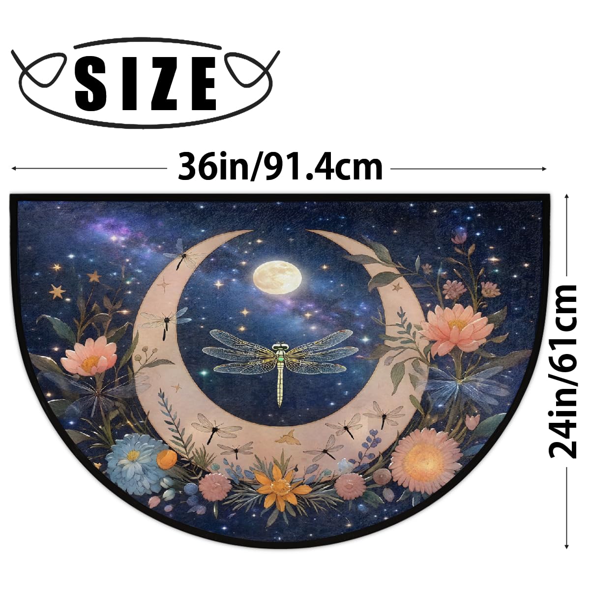 Half Circle Door Mat - Washable Non-Slip Moon Dragonfly Half Round Entryway Area Rug - Absorbent Cute Carpet Semicircular Rug for Indoor Kitchen Laundry Room Bedroom Bathroom, 36"x24"
