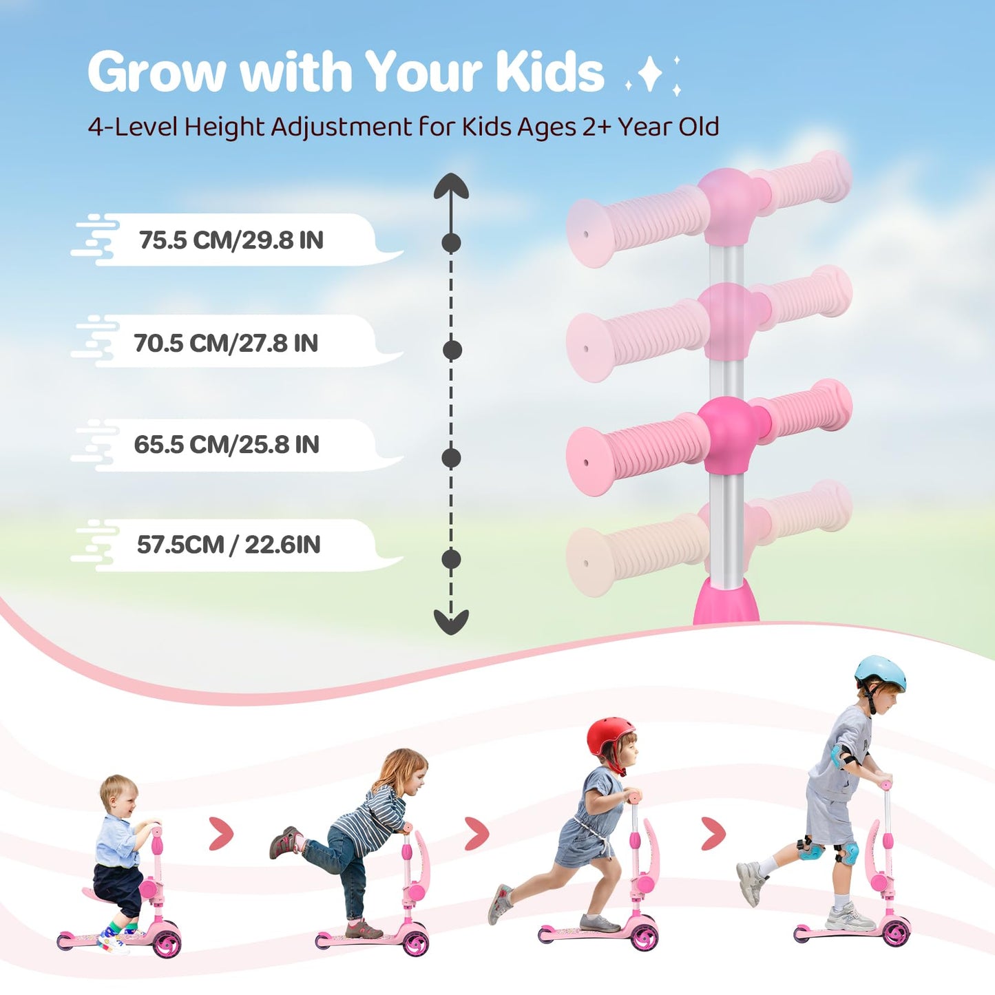 TONBUX Kids Scooter with Seat, 3 Wheels Scooter with PU Luminous Wheels, Non-Slip Handle and Wide Deck, Sensitive Brakes, 4-Level Adjustable Height, Scooters for Kids 2–8 Years Pink
