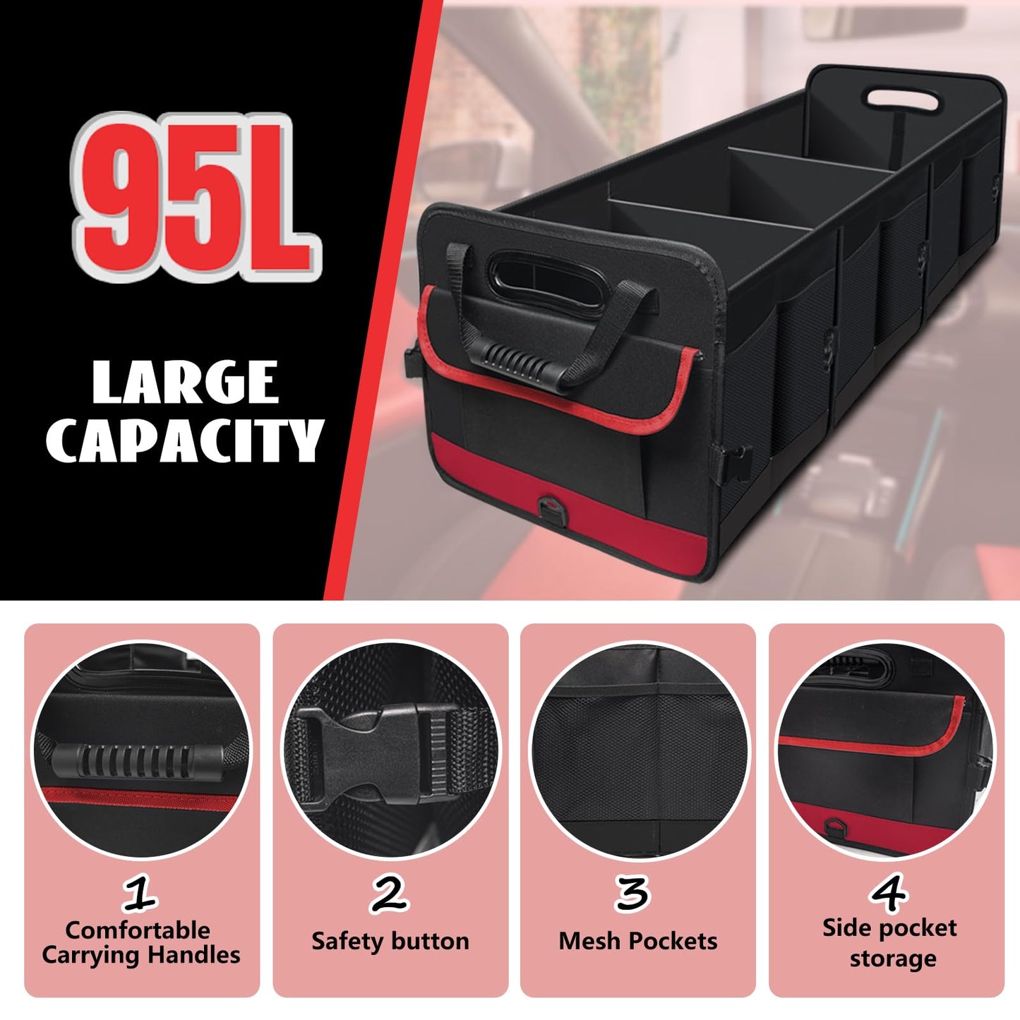 Car Trunk Organizer,Heavy Duty Collapsible 95 L Capacity Car Trunk Storage Organizer,Multi-Compartment Pockets, Adjustable Straps - Ideal for Travel, Camping, Shopping,Perfect for SUV, Truck, Sedan