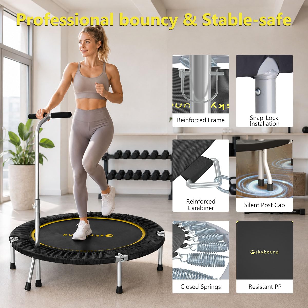 SkyBound Mini Trampoline Fitness Trampoline Fitness Rebounder with Adjustable T-Bar Handle - Exercise Trampoline for Adult - Fitness Trampoline for Workout Trainer