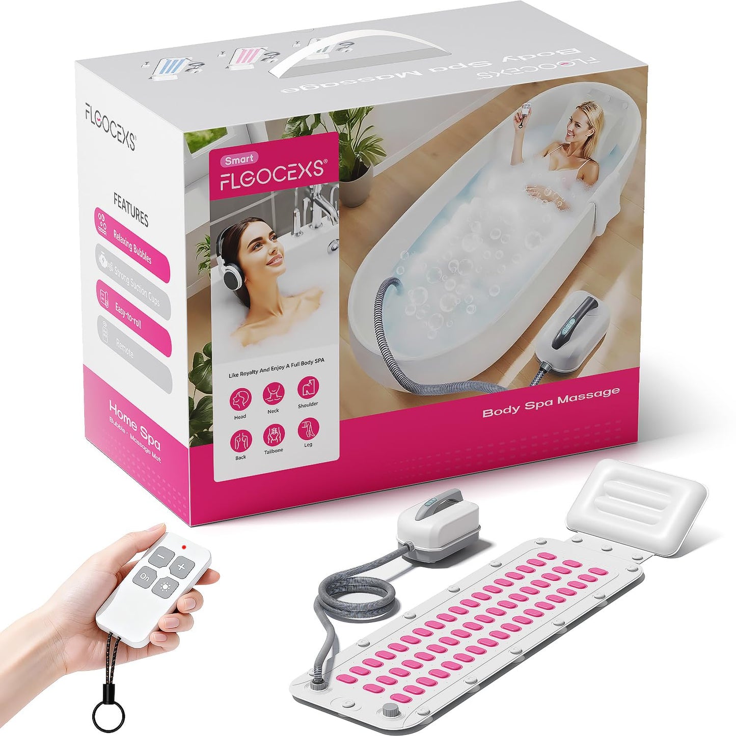 Flgocexs Bubble Bath Mat,Full Body Waterproof Spa Mat for Bathtub, 6-Speed Bubbles, Remote Control & Non-Slip Suction Cups for Home Relaxation Pink