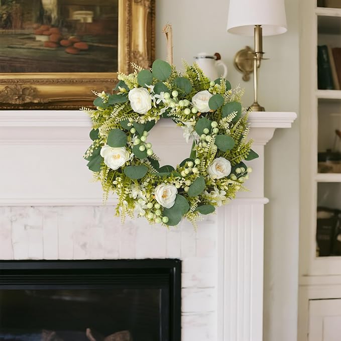 Spring Summer Wreaths for Front Door Artificial Rose Eucalyptus Berries Green Wreath Spring Summer Door Wreath for Farmhouse Wedding Festival Party Indoor Outdoor All Season Home Decor