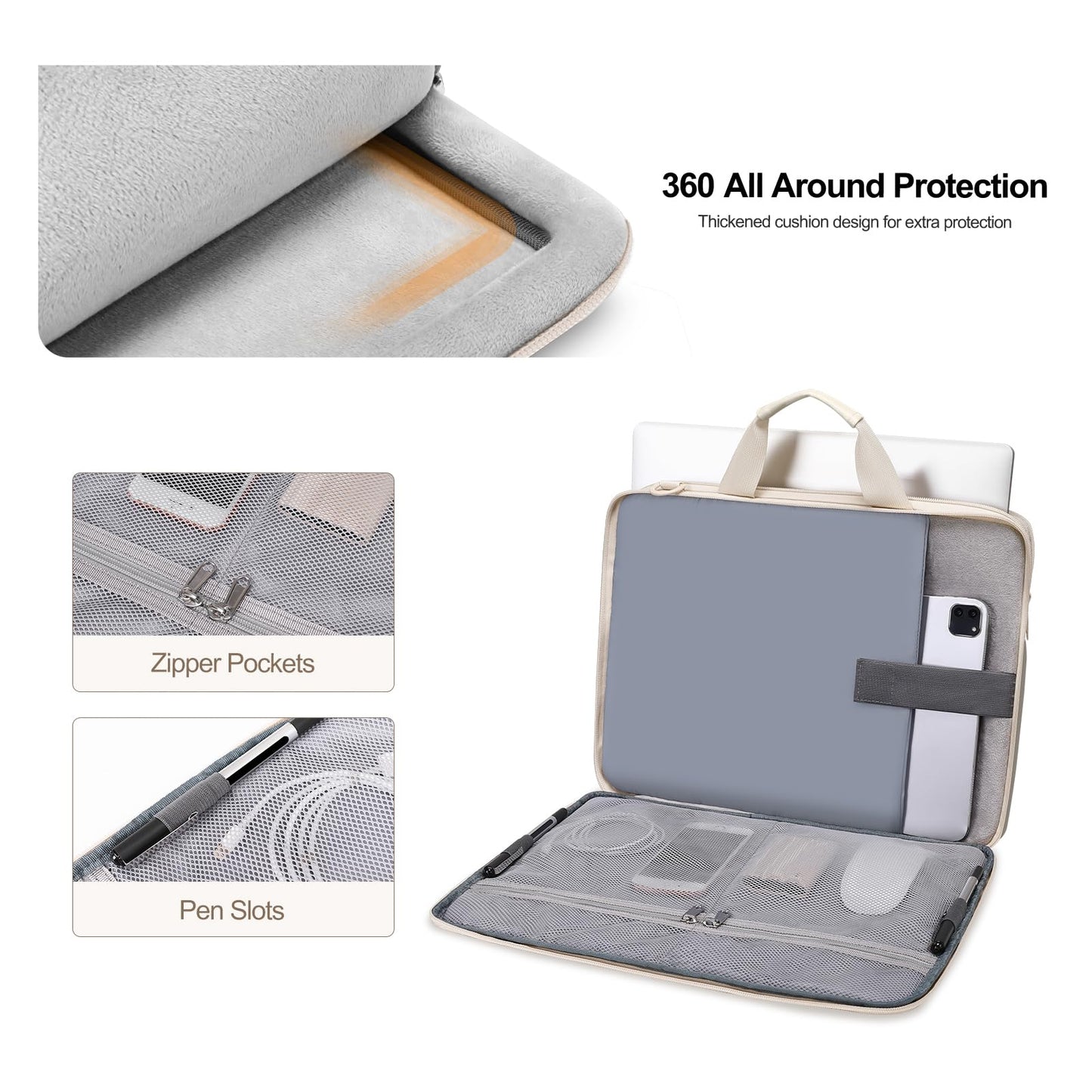 MOSISO 360 Protective Laptop Shoulder Bag, 15-15.6 inch Double Layer Fluffy Padded Laptop Bag with Anti-theft Zipper Compatible with MacBook Pro 16/Air 15, HP Dell Lenovo Asus Notebook, Sand