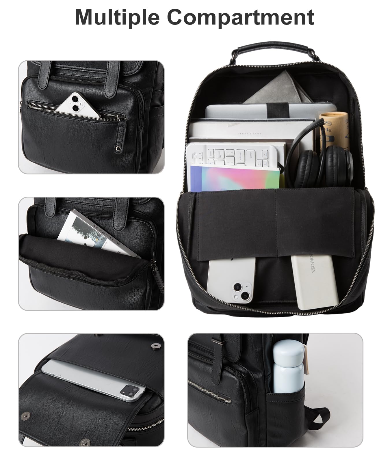 MOYYI Black Leather Backpack for Men Waterproof Fit 15.6 inch Laptop Backpack Work Commute Casual Daypack