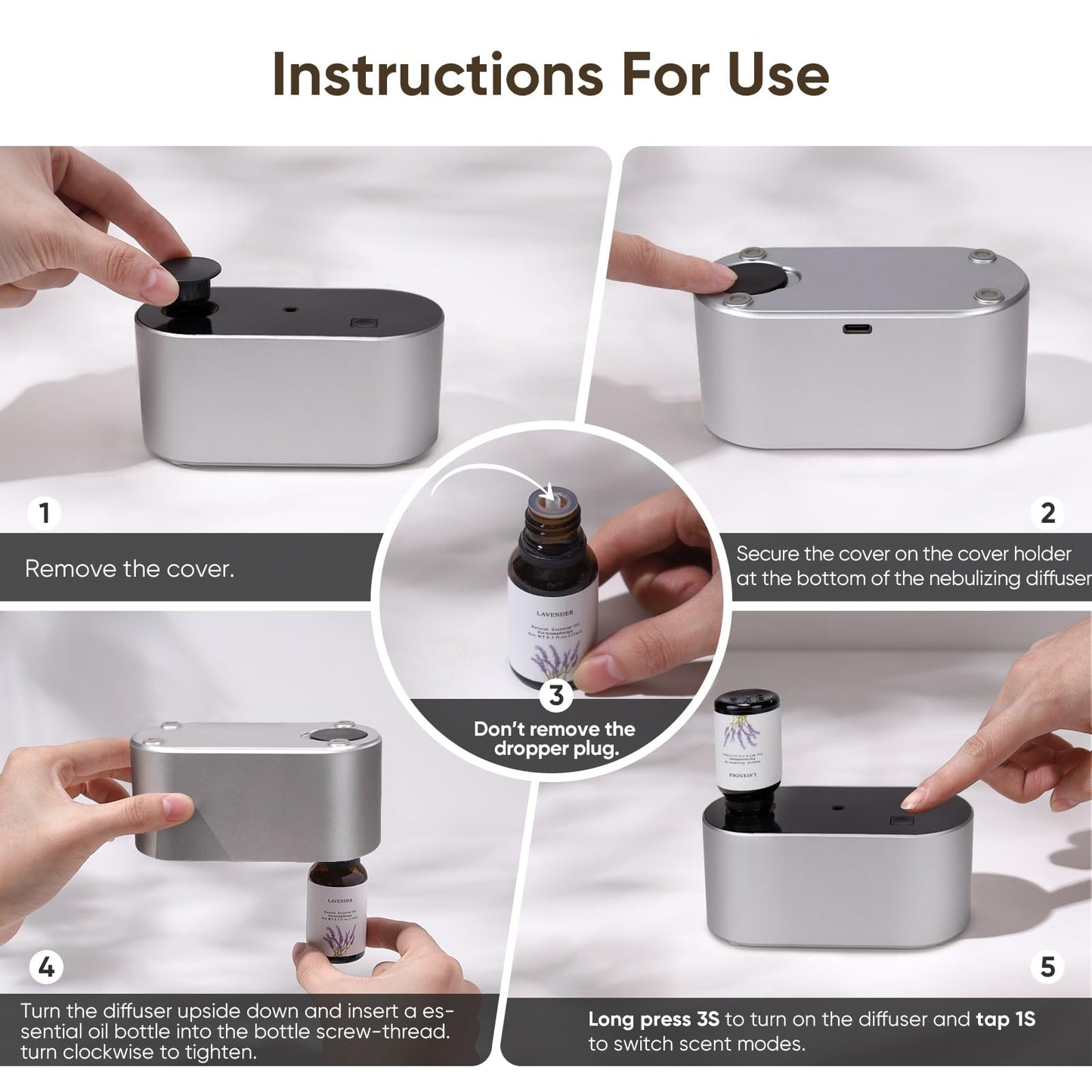 Waterless Diffuser for Essential Oil, Battery Operated Scent Air Aromatherapy Diffuser, Mini Aroma Diffusers with 3 Intermittent Mist Modes, Cycle Start, for 400 sq.ft Room Home Office Bedroom