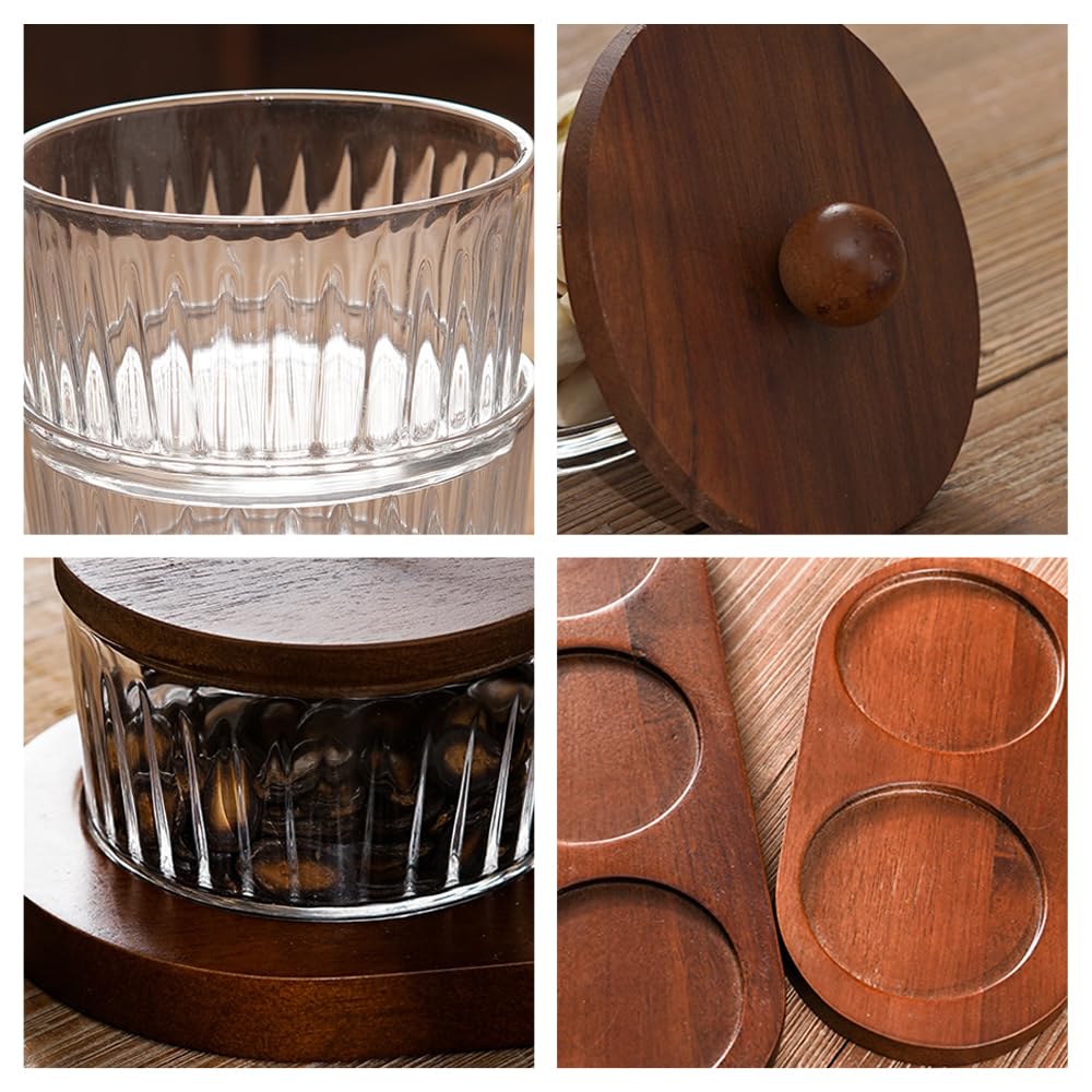 ANQIA Round Glass Snackle Box Container Snack Organizer and Fruit Platter with Acacia Wood Lids and Tray Divided Serving Tray for Nuts Candy Dry Fruits (4 Jars)