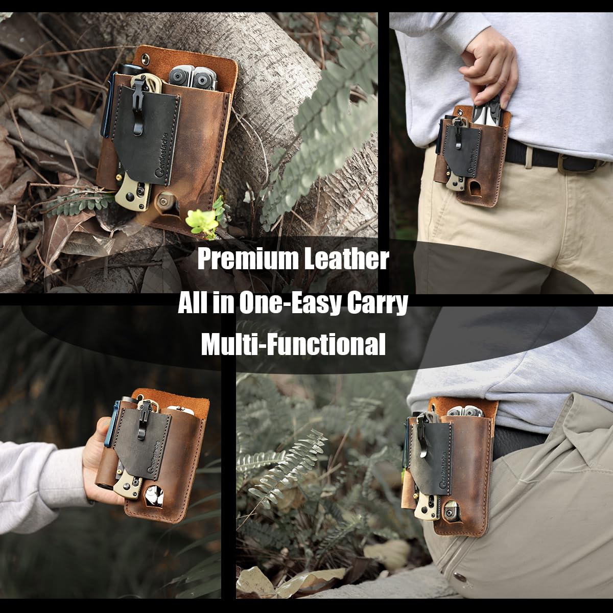 Gentlestache Leather Multitool Sheath - Leather Multi Tool Holster for Belt - Multitool Holder - Multitool Pouch for Leatherman Tool, Flashlight, Pen, Belt Clip EDC Belt Organizer Darkbrown