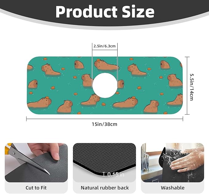 Cute Capybara Play Eat Food Kitchen Sink Splash Guard Faucet Mat Super