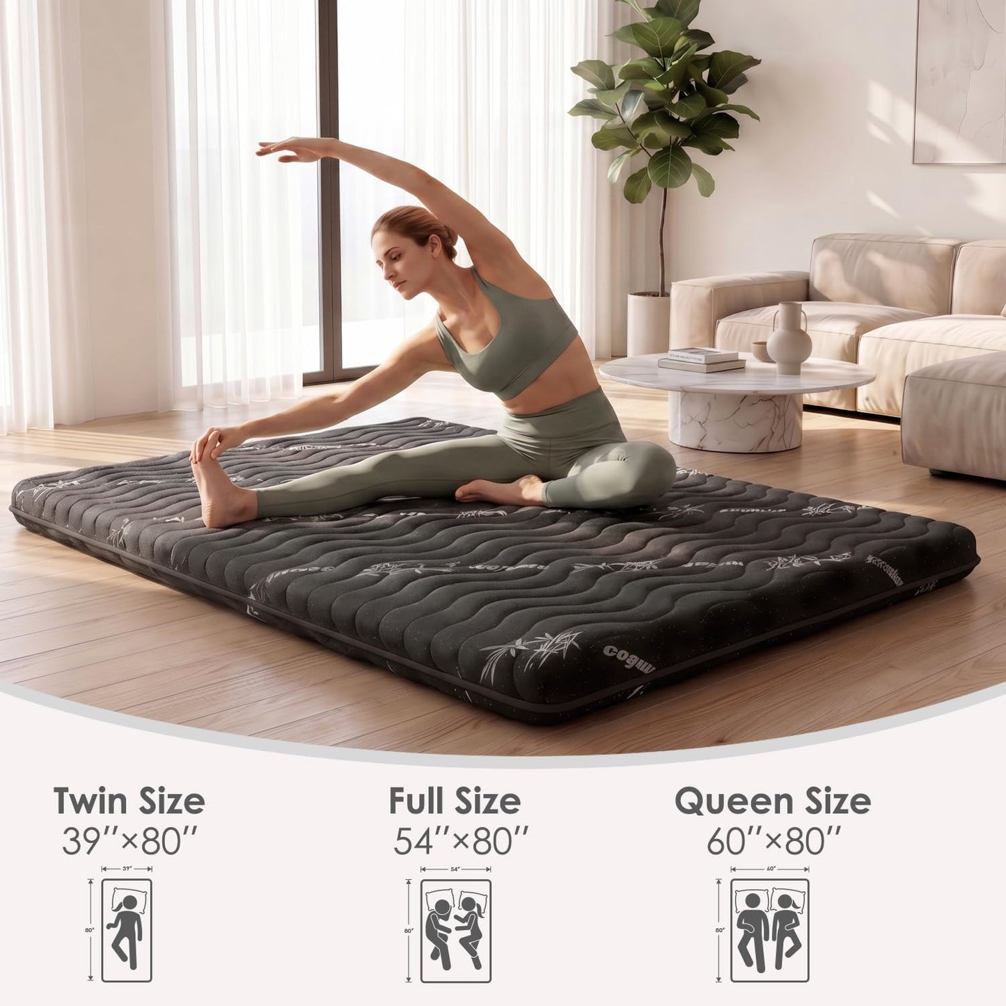Japanese Floor Mattress Viscose Derived from Bamboo, 100% High Density Foam, 3.5" Thicken Cooling Foldable Futon Mattress Tatami Mat, Roll Up Floor Bed for Guest Room Bedroom RV, Black, Twin