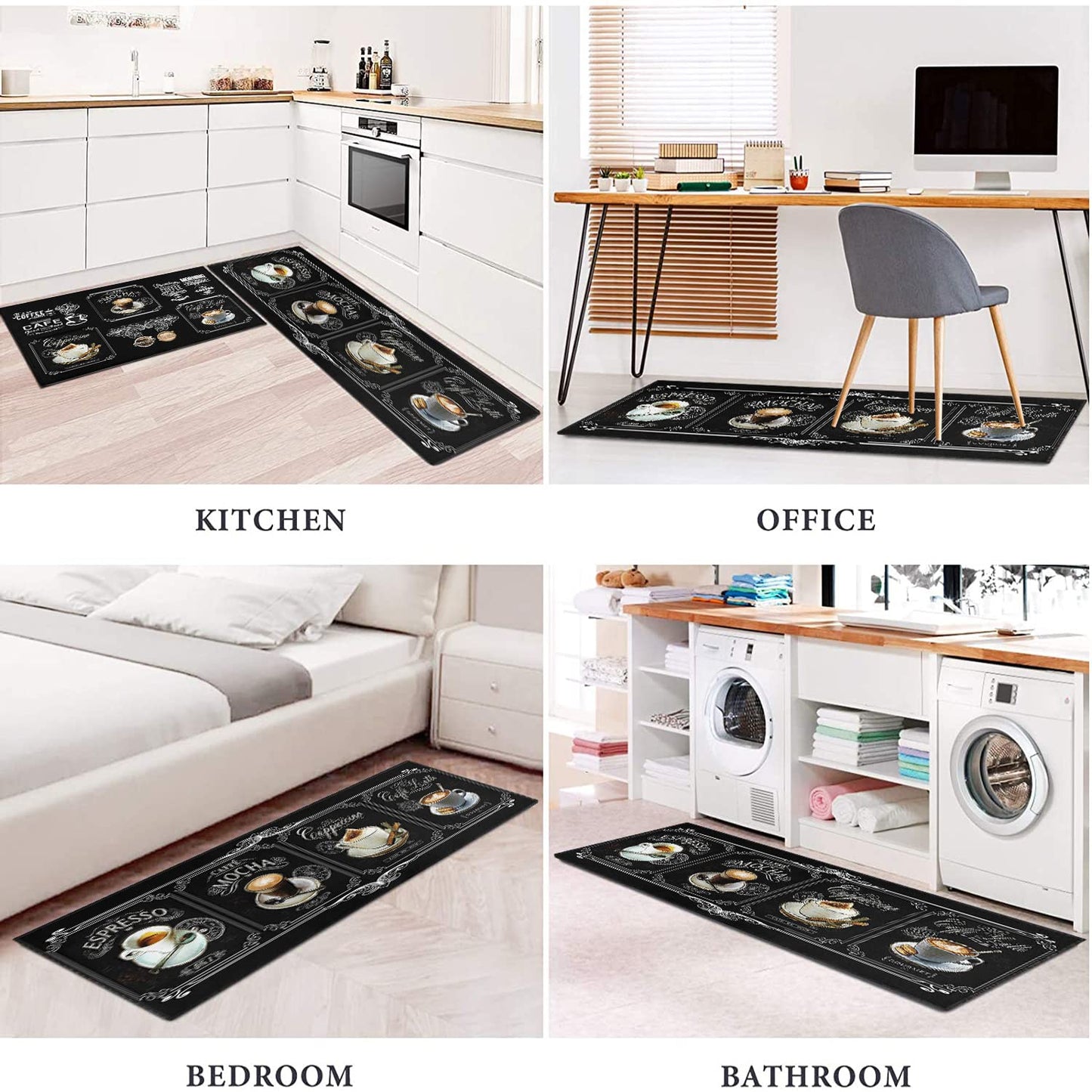 Faptoena Black Coffee Kitchen Rugs and Mats Set of 2 Coffee Cup Latte Mocha Art Decoration Non Slip Super Absorbent Kitchen Sink Mats Waterproof and Washable Runner Rugs for Laundry Room