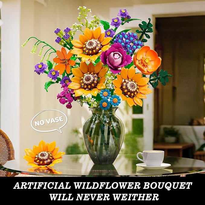 Wild Flowers Bouquet Building Set with Lights - 912PCS Wildflower 18 Botanicals Collection Building Blocks Sunflower Rose Plants Home Decor Easter Gift for Her Mom Women Adults Girls 12+