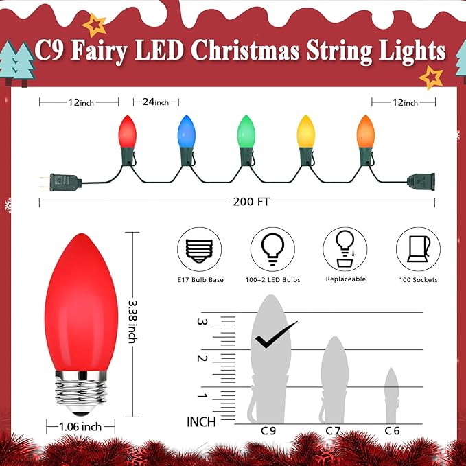 C9 Christmas Lights Outdoor Multicolor, 200FT 100LED string Lights Waterproof Shatterproof, Extendable C9 Xmas Light, Indoor Outdoor Christmas String Light for House Roof Patio Garden Tree Party