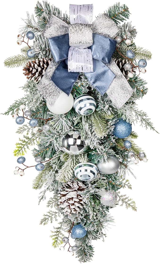 30" Christmas Teardrop Swag for Front Door Artificial Winter Swag Garland with Pine Cones, Berry Clusters, Blue Ball Ornaments and Ribbons for Thanksgiving Holiday Christmas Decoration