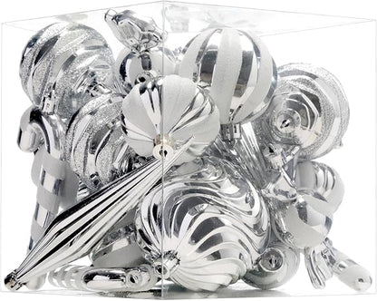 Christmas Ball Ornaments Set Shatterproof Christmas Tree Ornaments 24 PCS Painted Shaped Styles Xmas Tree for Holiday Decor,Silver