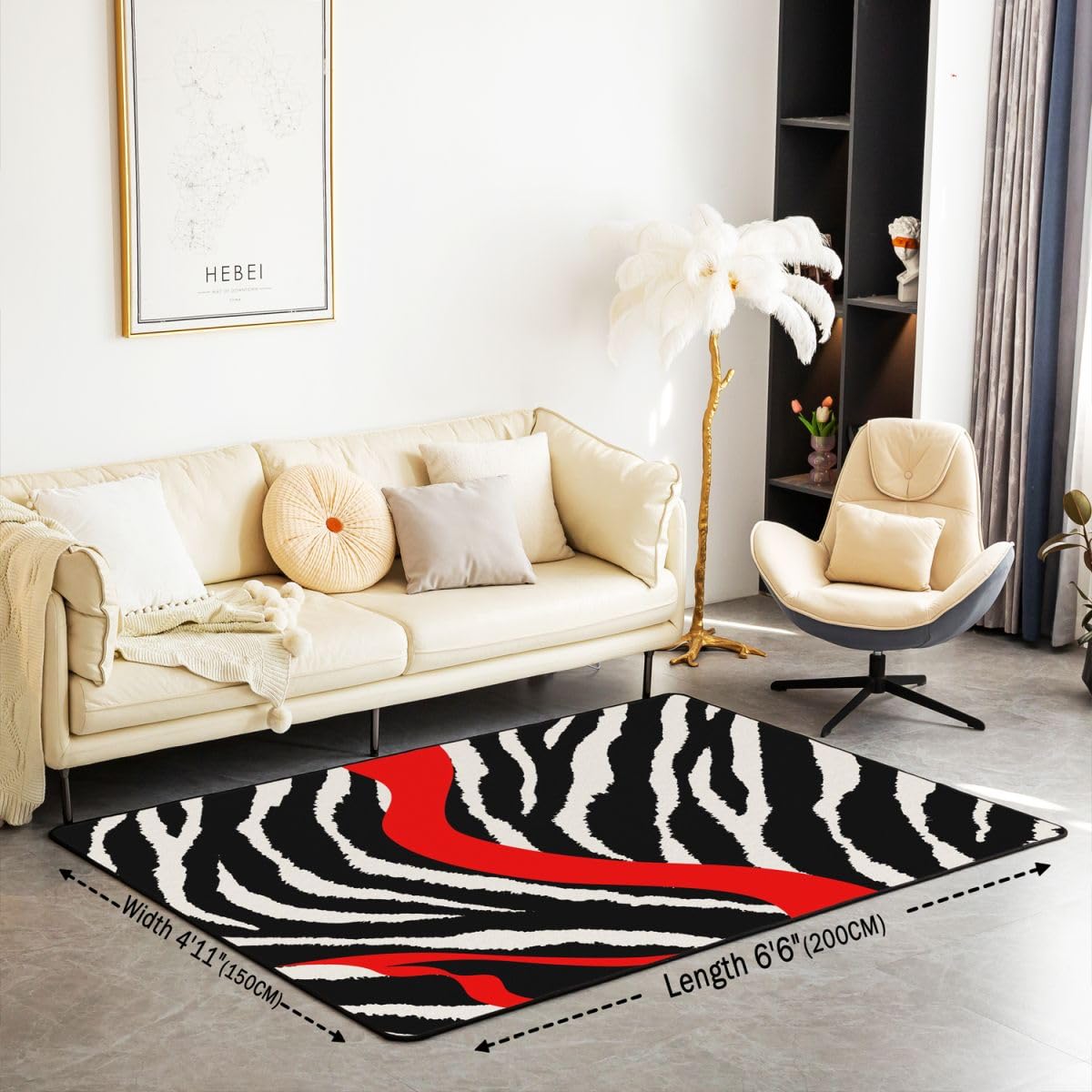 Erosebridal Black White Red Zebra Pattern Area Rug,Tiger Fur Rug for Home Decorative Abstract Stripe Animal Skin Carpet,Geometric Art Modern Decorative Area Rugs,5x6'6''