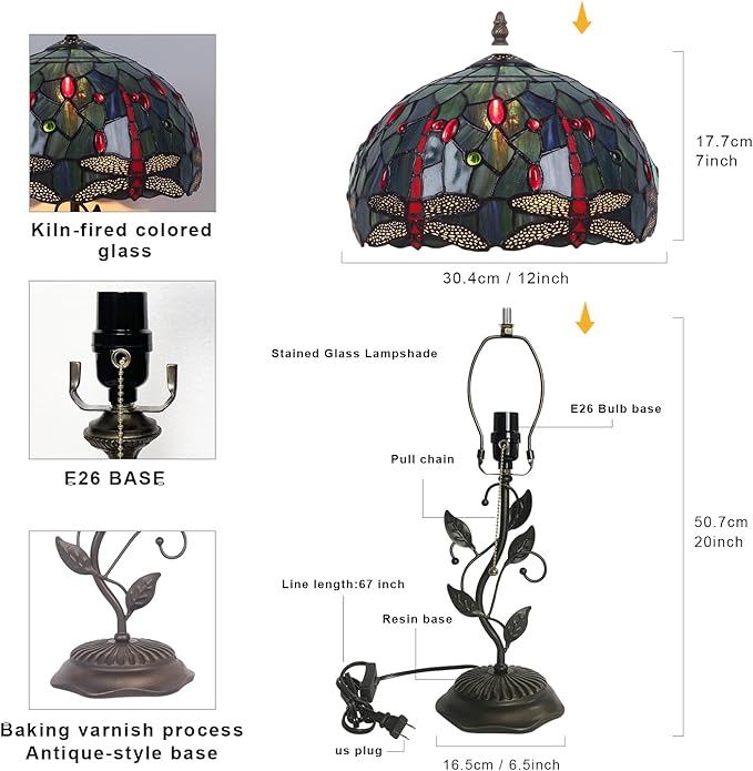 Tiffany Style Table Lamp Handmade Stained Glass Bedside Lamp 12x12x20 inch Metal Leaf Base,Art Glass Lamp for Living Room, Bedroom, Office Decor(Red Dragonfly)