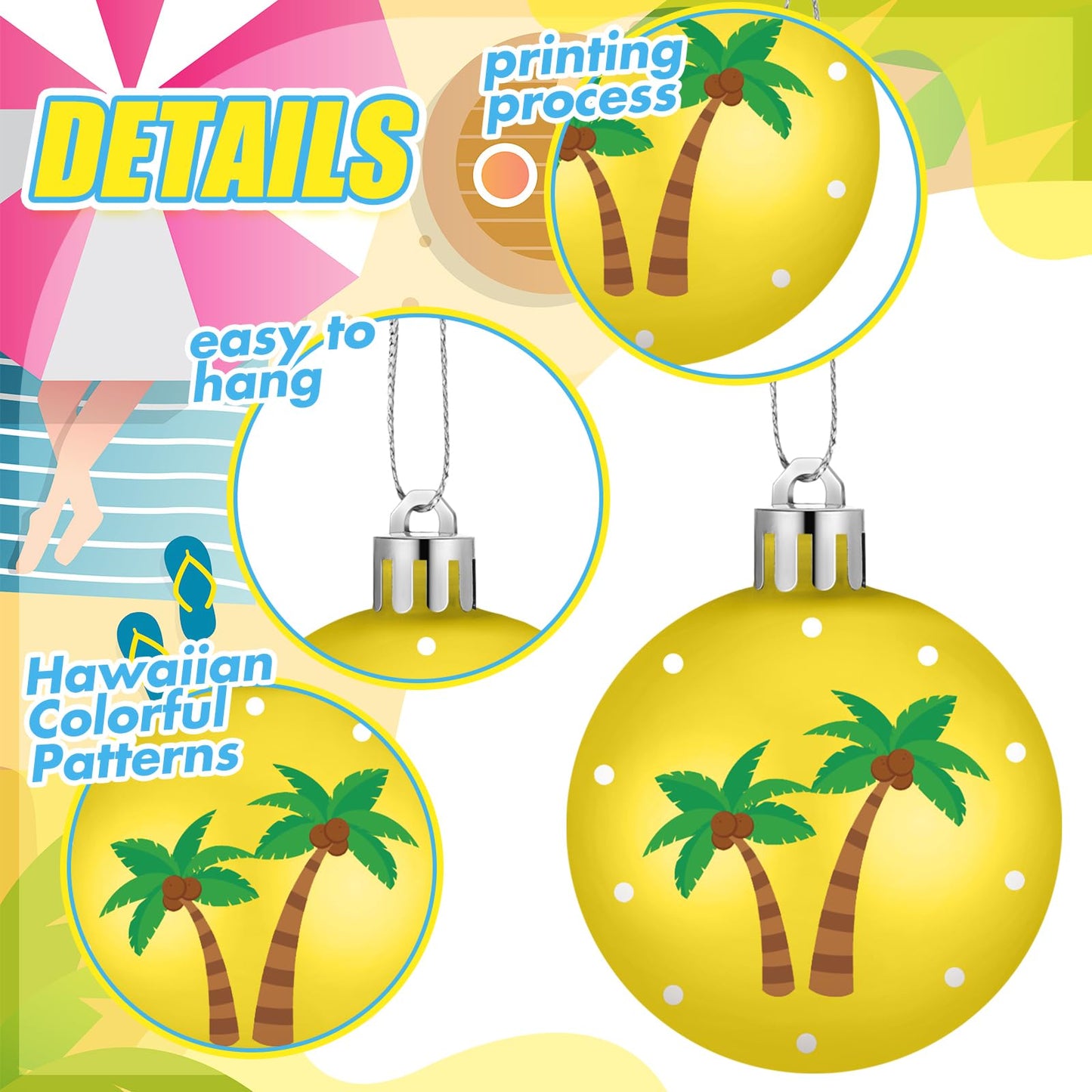 HyDren 40 Pcs Summer Tree Ornaments 1.2 Inch Mini Christmas in July Hanging Tree Decorations Coconut Dot Wave Stripe Flamingo Ornaments Tropical Party Decor for Home Luau Holiday Decorative Supplies