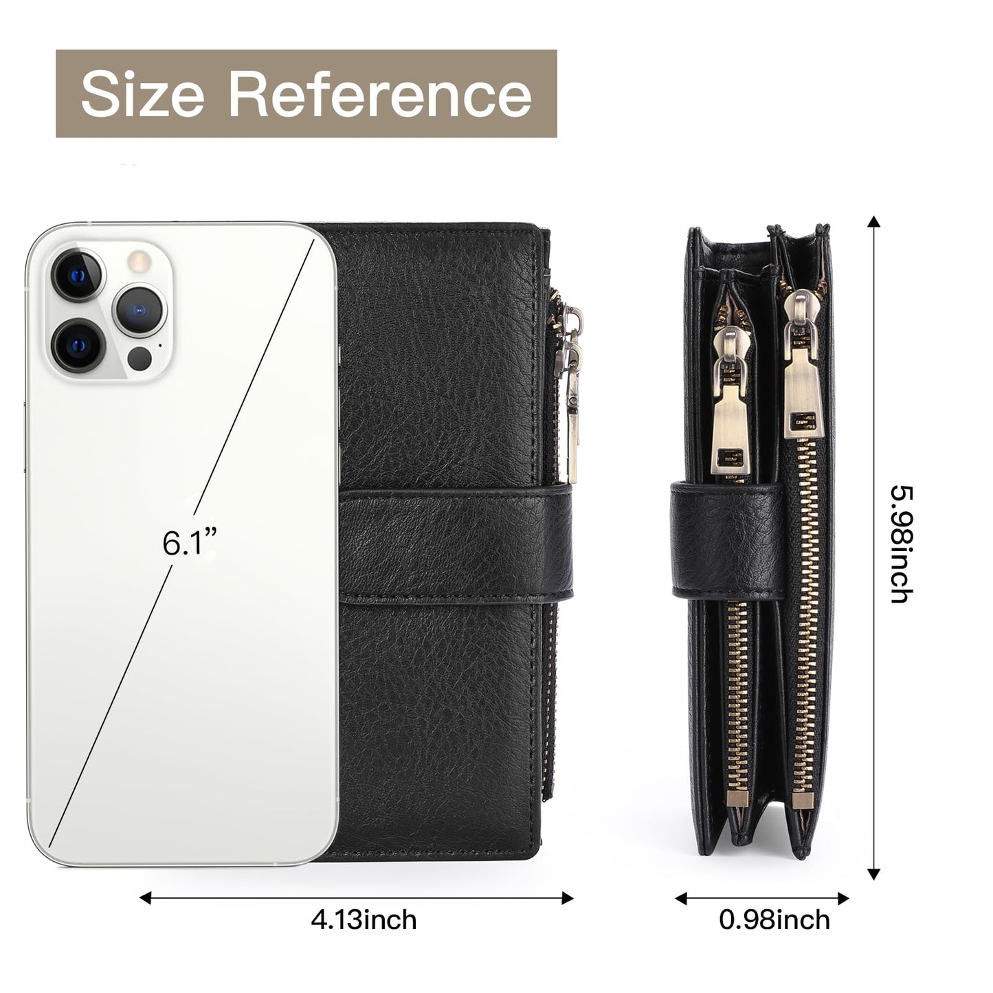 GOIACII Womens Wallets RFID Blocking Leather Trifold Clutch Wallet Credit Card Holder Ladies Purse 3 ID Windows Black