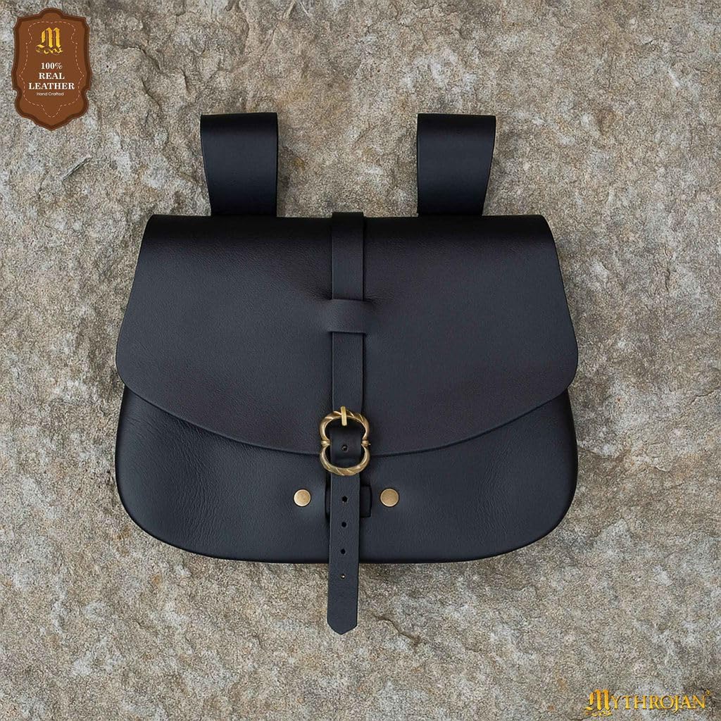 "Medieval Leather Belt Pouch Vintage Waist Bag for LARP, Renaissance Fairs, Costumes, Cellphone Holder, Travel Wallet, Fanny Pack, Holster Purse Durable & Stylish Pouch - Black, 6.2" x 7"
