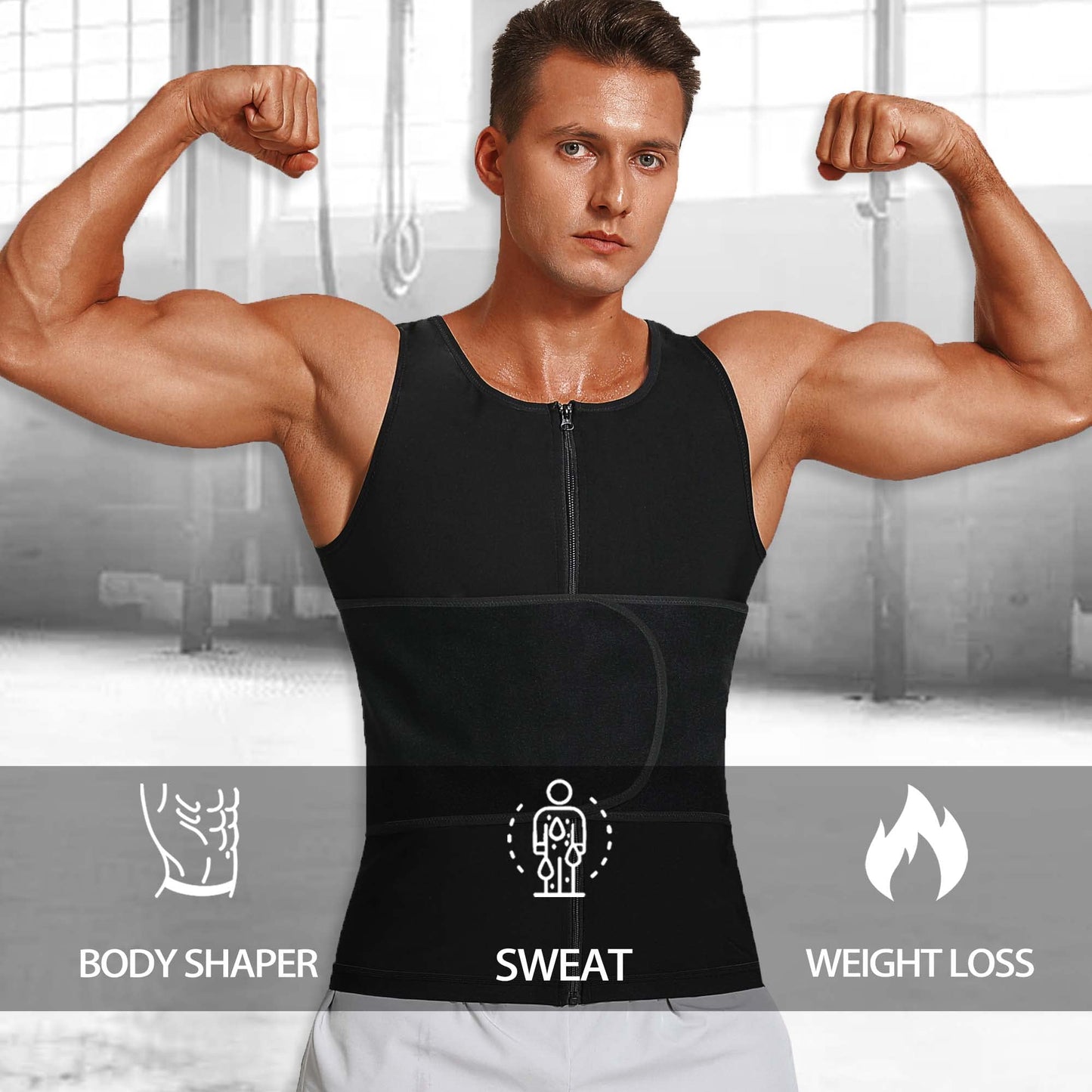 LMCOB Sauna Vest for Men Waist Trainer Vest with Zipper Workout Sauna Suit with Adjustable Waist Trimmer Belt(LYBH10072-01-L)
