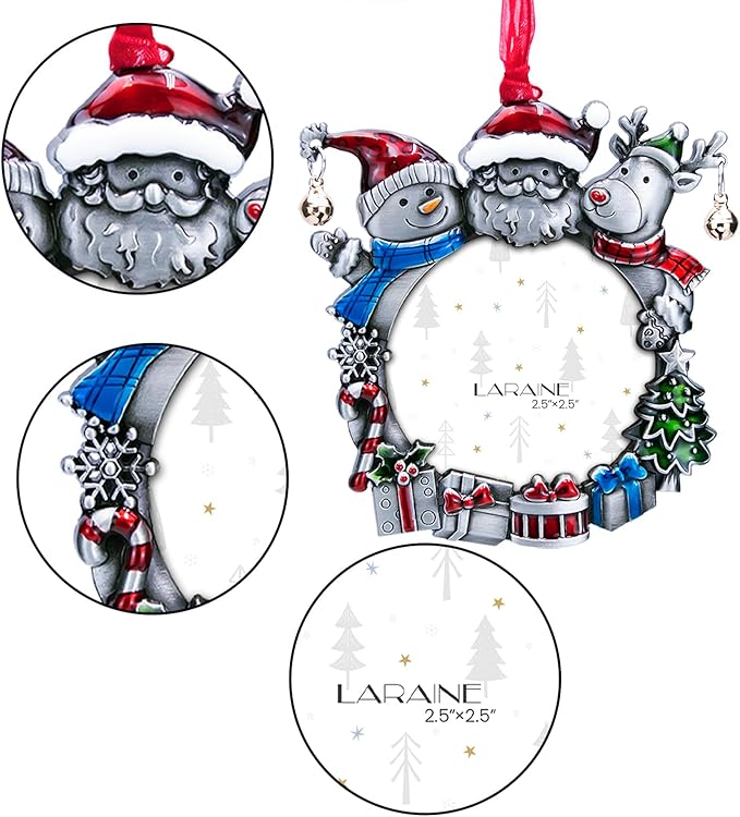 Laraine Christmas Tree Ornaments – Decorative Hanging 2025 Holiday Keepsake Gift Round Pendant with 2.5” Photo Frame Insert for Picture of Pet (Snowman Black)
