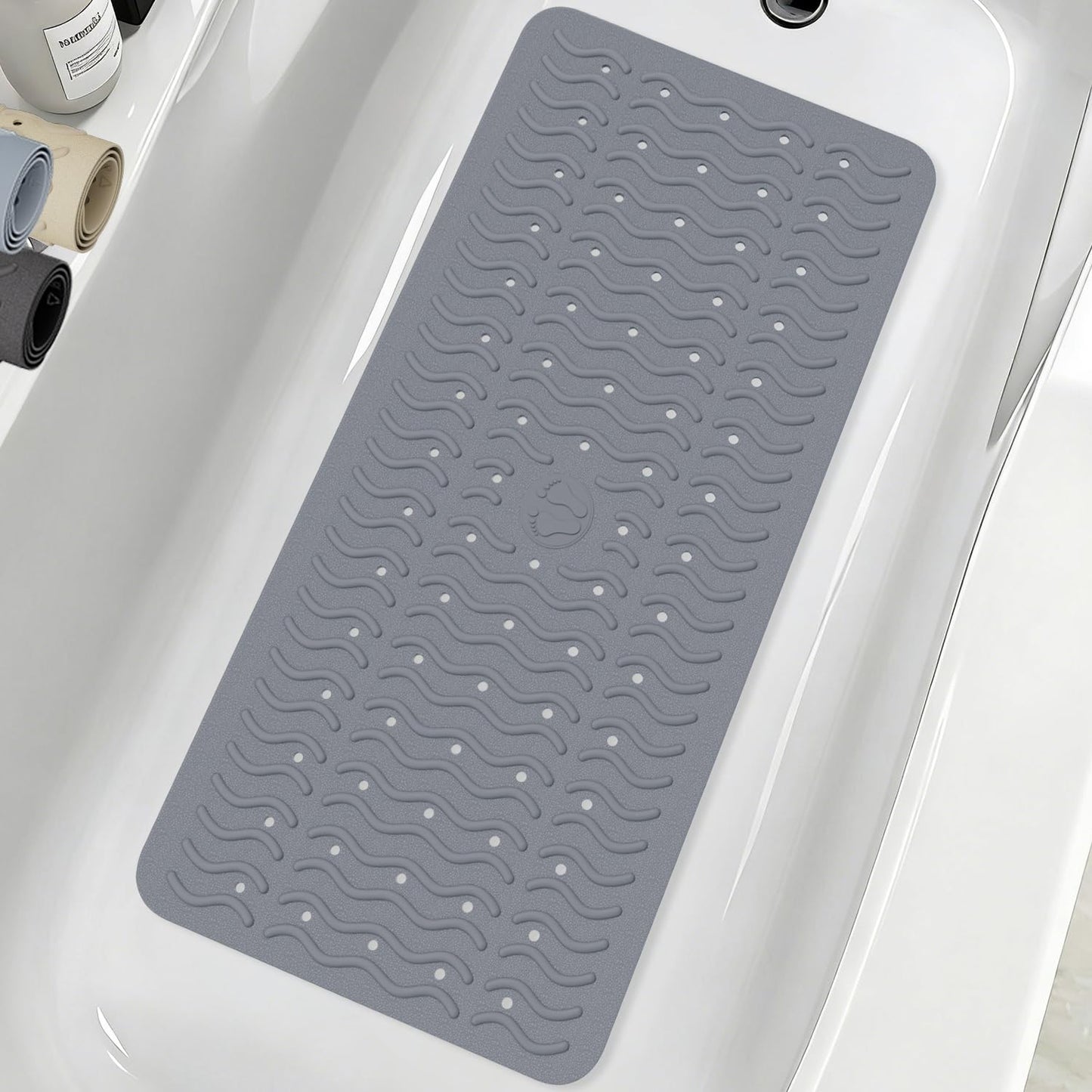 Non Slip Bathtub Mat & Shower Mat, 31x15'' Anti Slip Bath Mat for Tub, Soft TPE Anti-Skid Bathroom Mat with 194 Suction Cups & Drain Holes, Wave-Textured Grip, Machine Washable, Grey