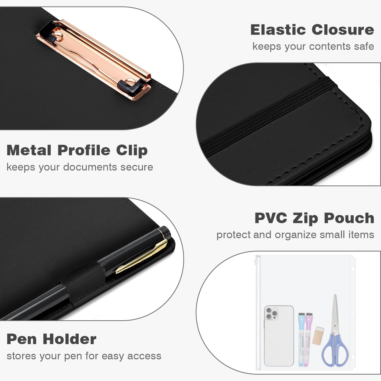 Eyrozill Professional Leather Binder Portfolio with Clipboard, Zipper Pouch, 5 Sheets Plastic Dividers，Leather 3 Ring Binder 8.5 x 11, 1-inch Round Rings, Professional Binder Organizer, Black