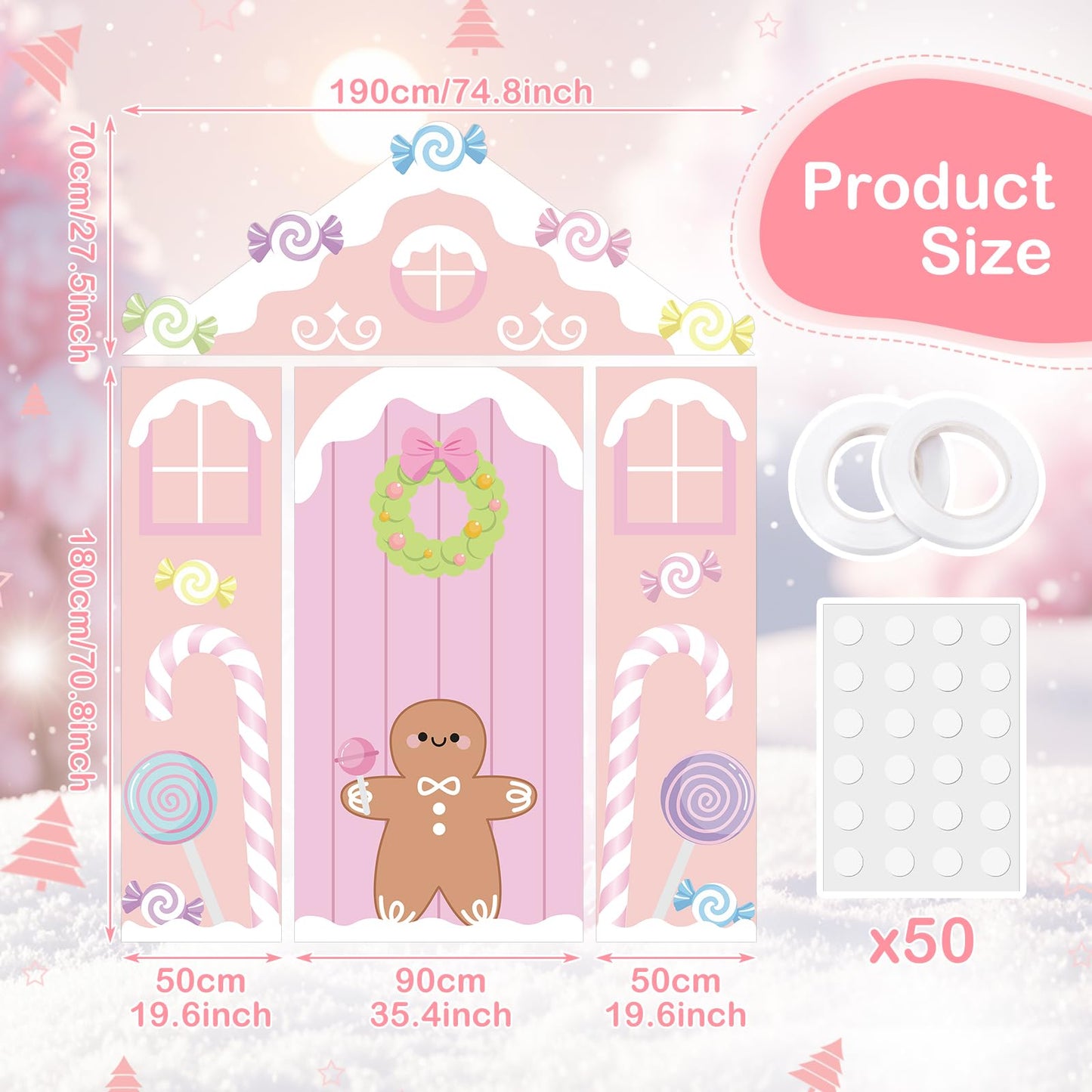 Hahafelt 4 Pcs Pastel Candy Christmas Gingerbread Door Covers Decoration Xmas Pink Gingerbread House Candy Door Backdrop Christmas Photo Booth Props Porch Sign for Holiday Classroom Home Party Decor