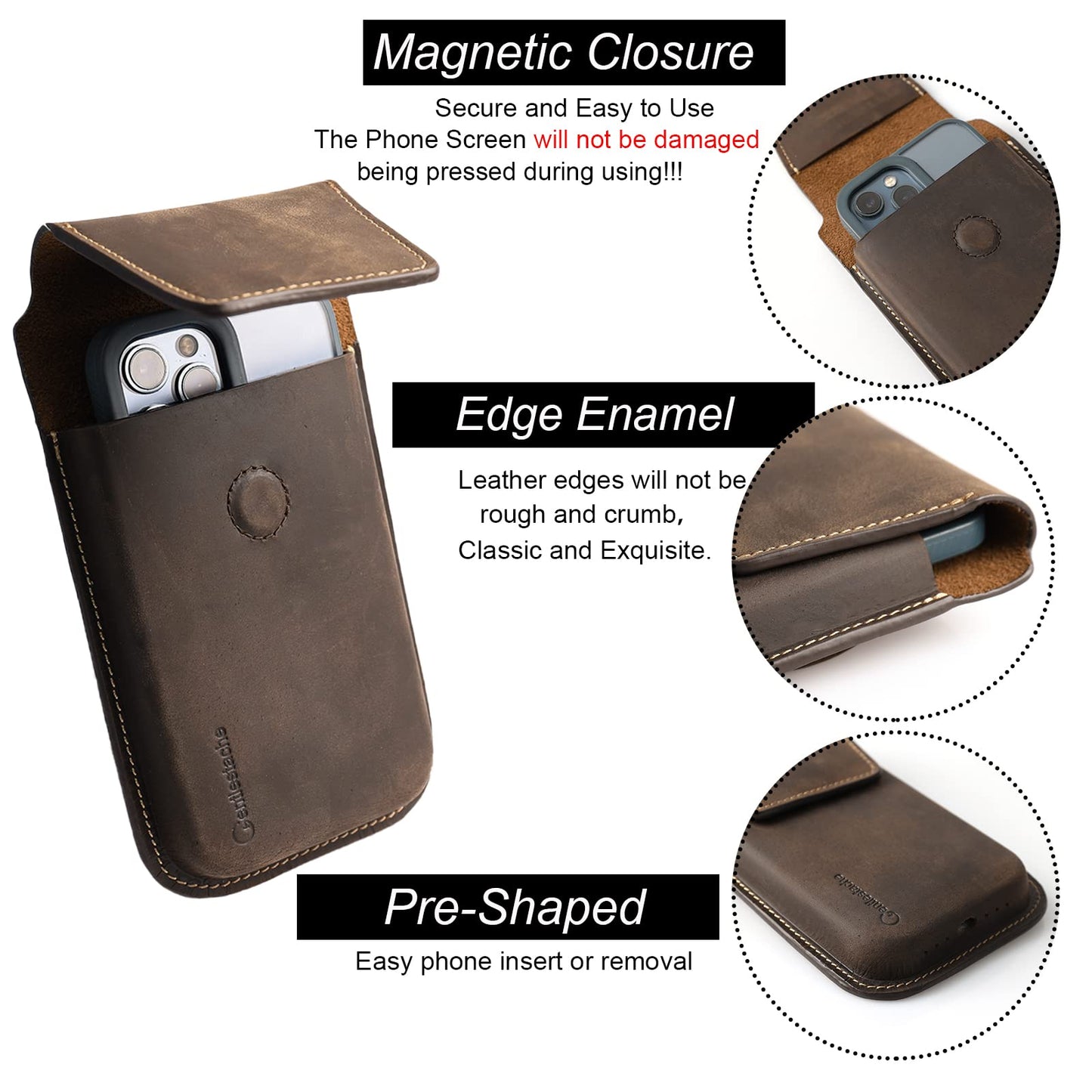 Gentlestache Leather Phone Holster for iPhone 17 16 15 14 Pro Max & Plus - Belt Clip Cell Phone Case for S25 S24 Ultra & Plus - Magnetic Closure Leather Belt Holder Pouch, XL, Darkbrown