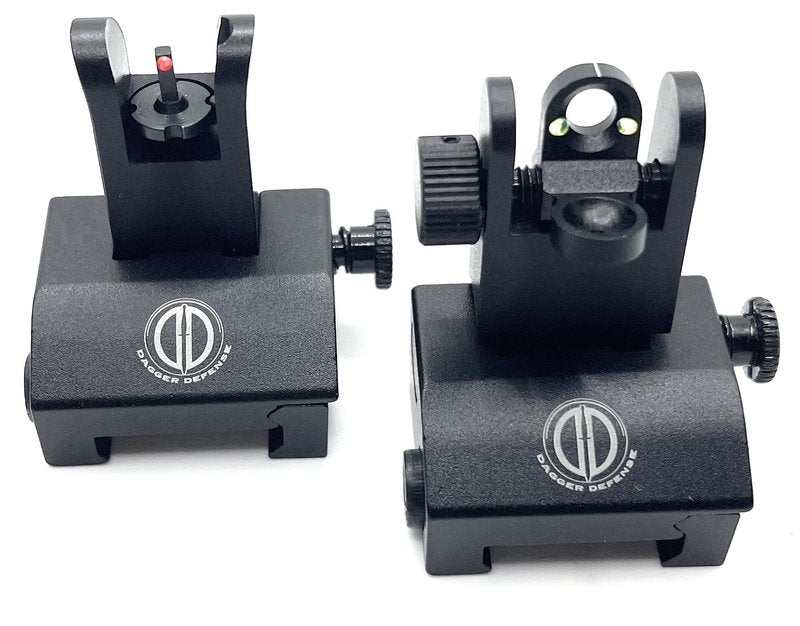 Dagger Defense (Veteran Owned Company) Fiber Optic BUIS Backup Iron Sights for use on Standard Picatinny Rails. Spring Loaded. Use with red dots and Reflex Sights.