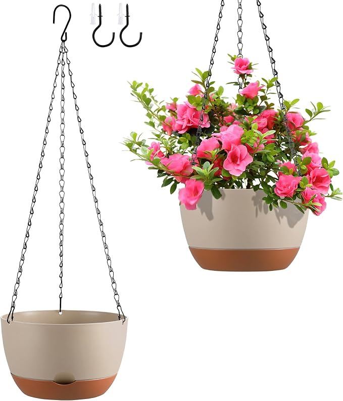 Set of 2 10 Inch Self Watering Hanging Planters for Indoor Outdoor Plants, Color Blocking Hanging Baskets Flower Pots with Drainage Hole & Removable Water-Storage Tray and 20" Chain Hanger