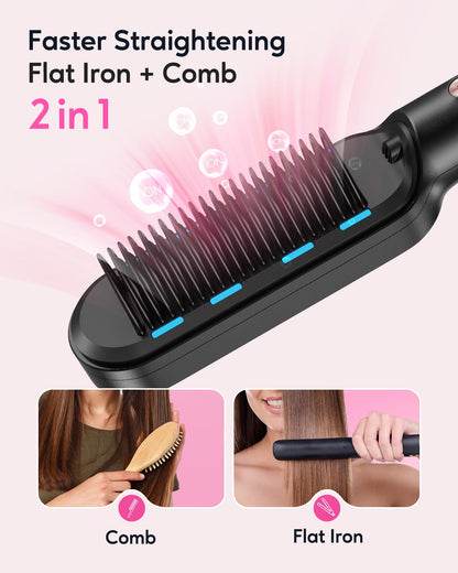 Wavytalk Hair Straightener Brush, Sleek Sweep Ionic Straightening Brush with 6 Temperature Adjust, Anti-Scald Ceramic Straightening Comb Fast Heating for Home Salon, Dual Voltage, Purple.
