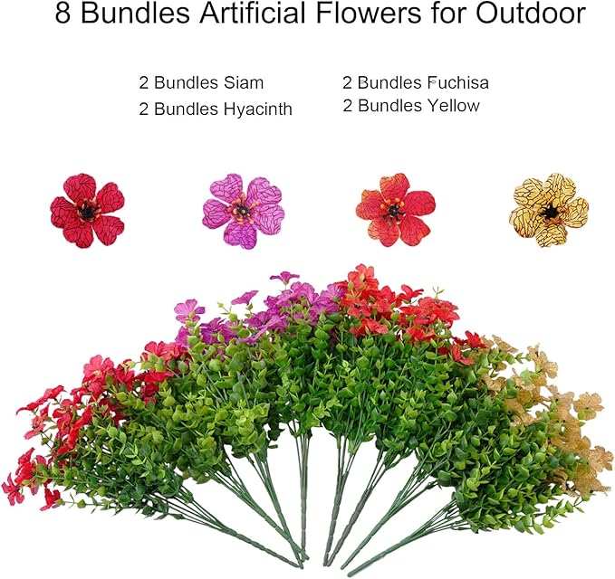 Outdoor Artificial Flowers, 8 Bundles Fake Flowers Summer Decoration, No Fade Faux Plastic Shrubs for Garden Patio Porch Window Box Decor (Mix 4 Color)