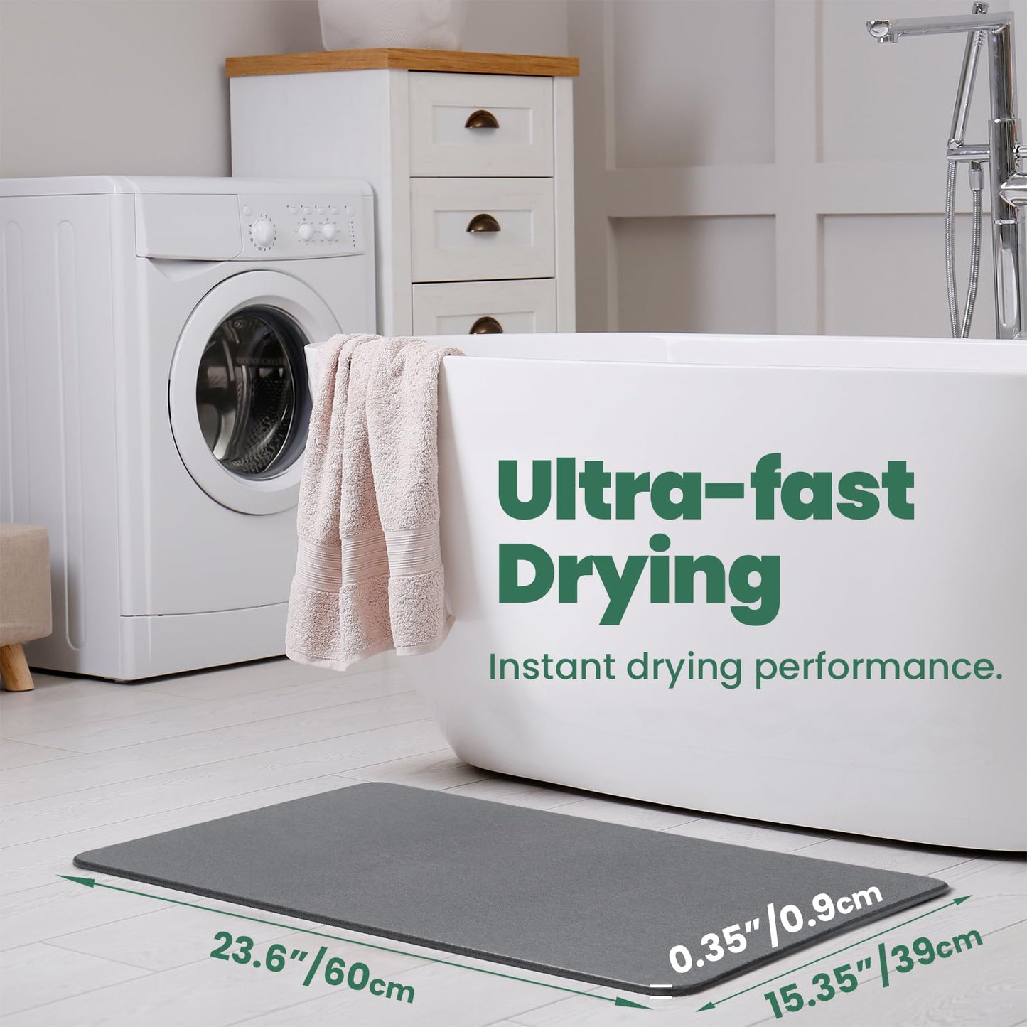 WALL QMER Stone Bath Mat, Diatomaceous Earth Shower Mat, Fast Drying, Super Absorbent, Anti-Slip Stone Bath Mats for Bathroom, Kitchen, Easy to Clean, (23.5"x15.5", Slate)