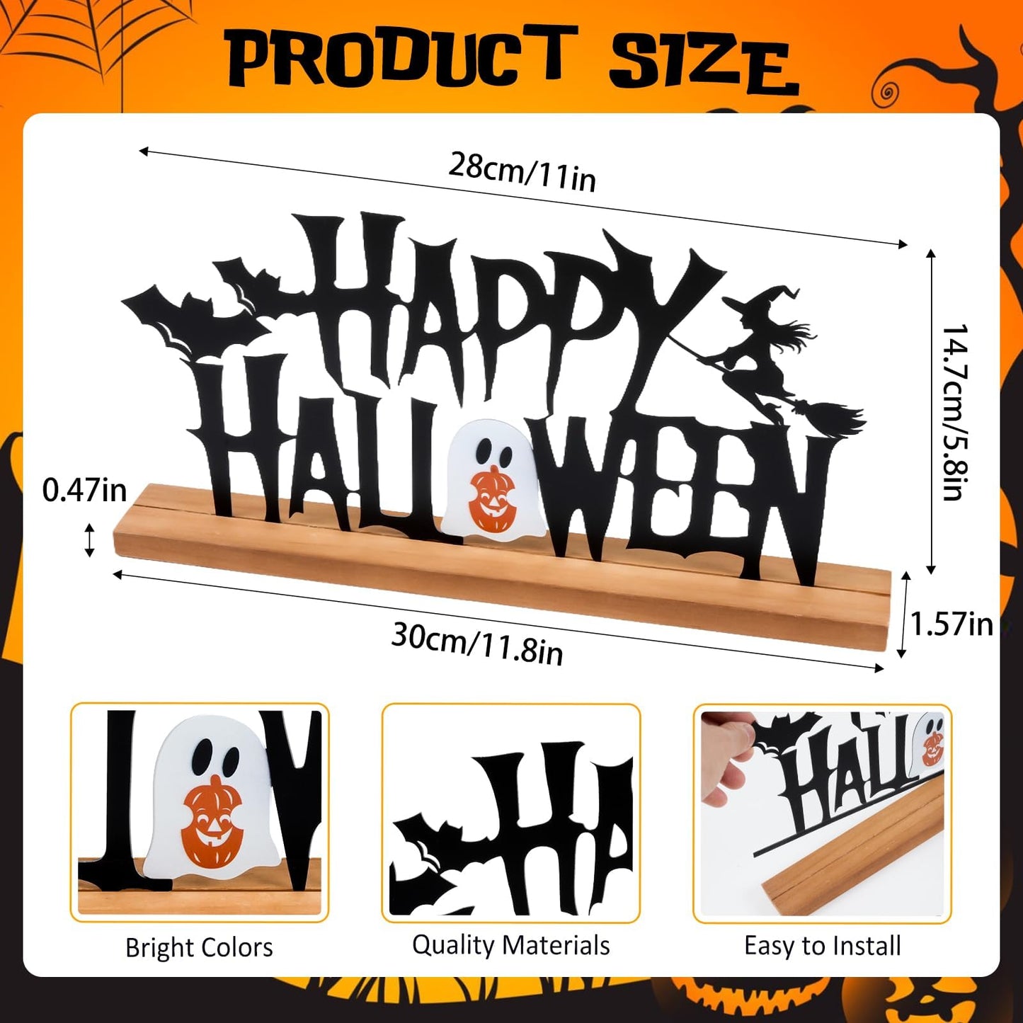 Metal Happy Halloween Sign Halloween Table Decor with Wooden Base Freestanding Rustic Table Decor for Indoor Home Tabletop Centerpiece Mantel Shelf Fireplace Decoration (Black)