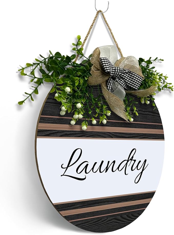 Laundry Door Sign Laundry Room Wood Hanging Signs for Front Door With Wreath And Bow Farmhouse Rustic Vintage Round Plaque for Washer And Dryer Room Wall House Decoration 12 Inch