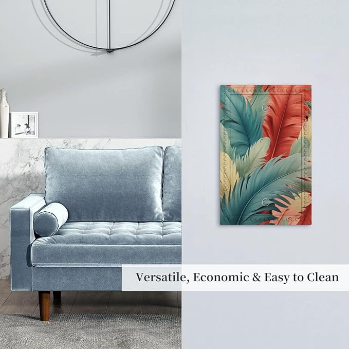 Colorful Feathers Blue Red Light Switch Covers No Device Wall Plate 1 Gang Decorative Blank Switchplate Electrical Faceplate for Country Living Bedroom Decor