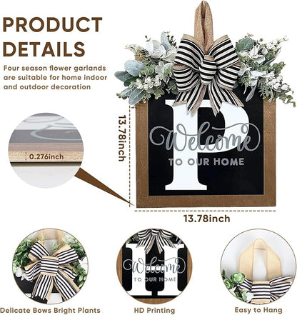 Ultra Large 14'' Last Name All Year Round Front Door Wreath with 26 Initial Letter Welcome Sign All Seasons Eucalyptus Garland and Bow Wreaths for Front Door Porch Farmhouse Decoration (P)