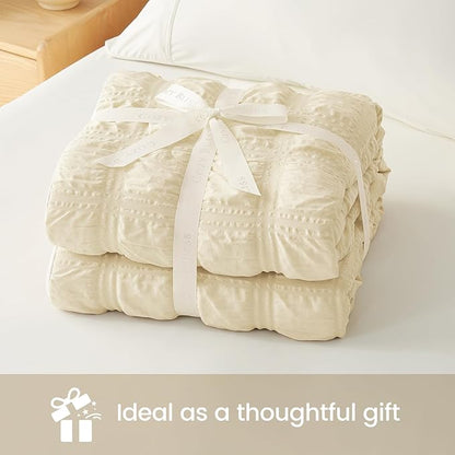 Cozy Bliss Cooling Comforter Seersucker Plaid Full, Q-Max 0.4 Reversible Lightweight Cooling Blanket, Breathable Silk Smooth Summer Bedding Quilt for Hot Sleepers Night Sweats Khaki
