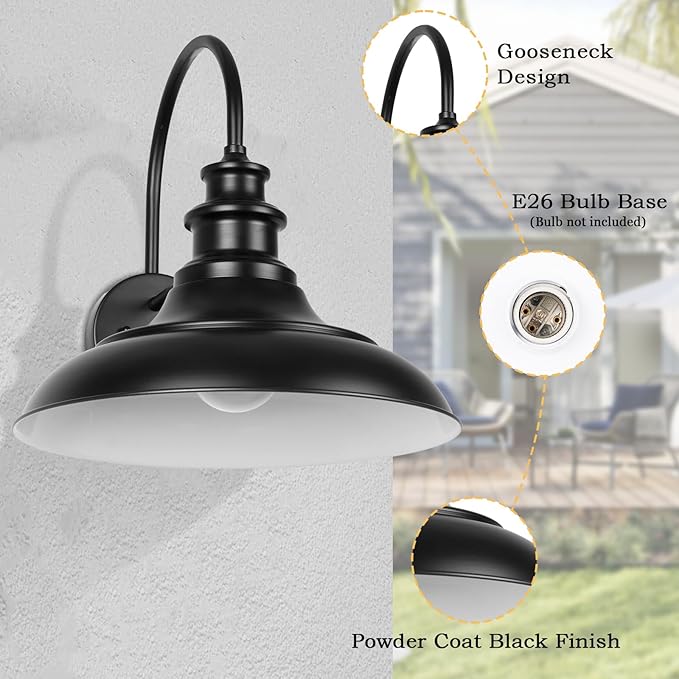 Dusk to Dawn Sensor Outdoor Barn Light Fixtures, 12.3 Inch Dome Farmhouse Outdoor Wall Sconces, Gooseneck Exterior Wall Mount Lights, Industrial Black White Wall Lanterns for Porch, DDRZ004-2 BK+WH