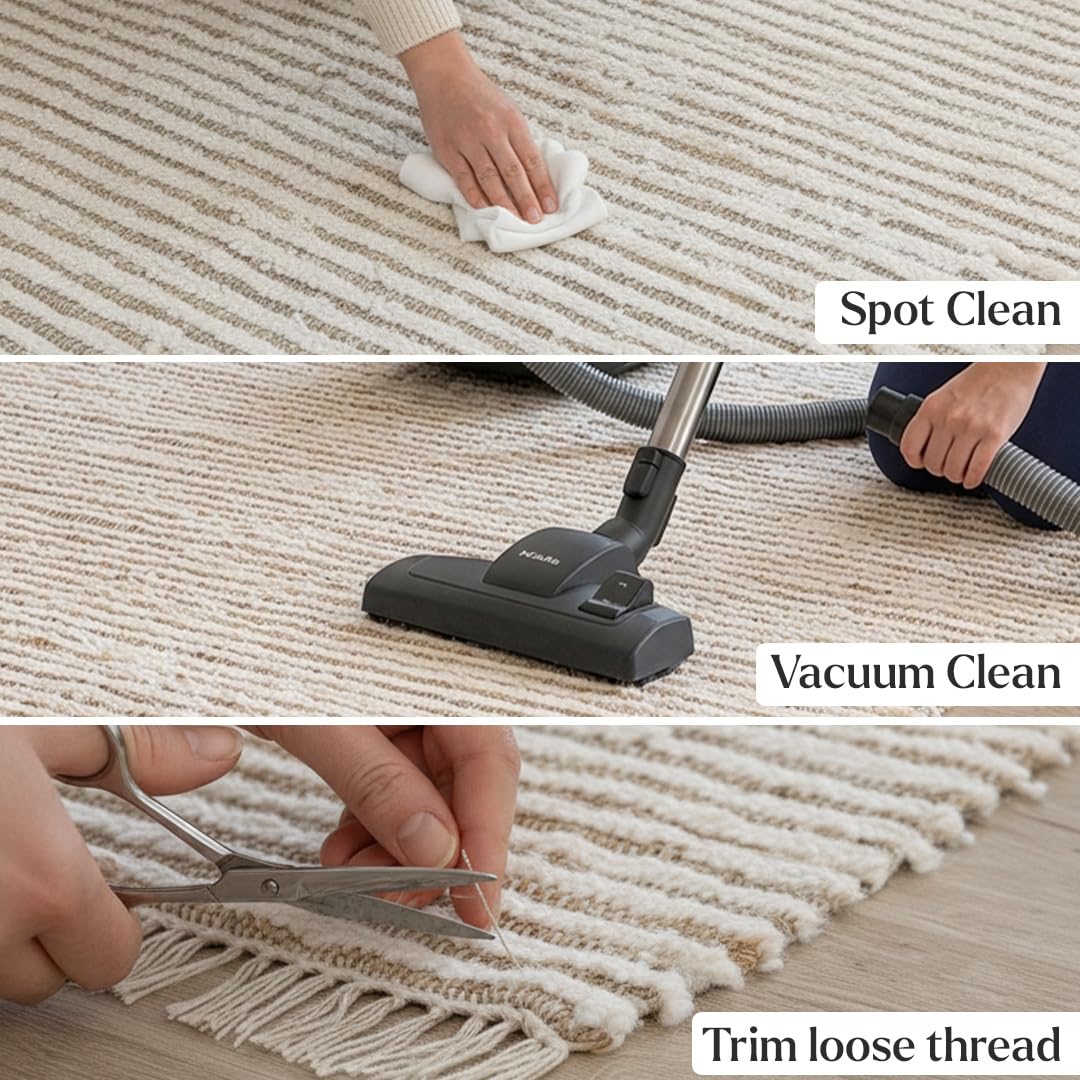 HOMEMONDE Jute Cotton Area Rug 5x8 ft Large Rectangle Hand Woven Natural Farmhouse Rugs for Living Room, Bedroom, Kitchen, High Traffic Area - Rustic Vintage Bohemian (Natural Offwhite)