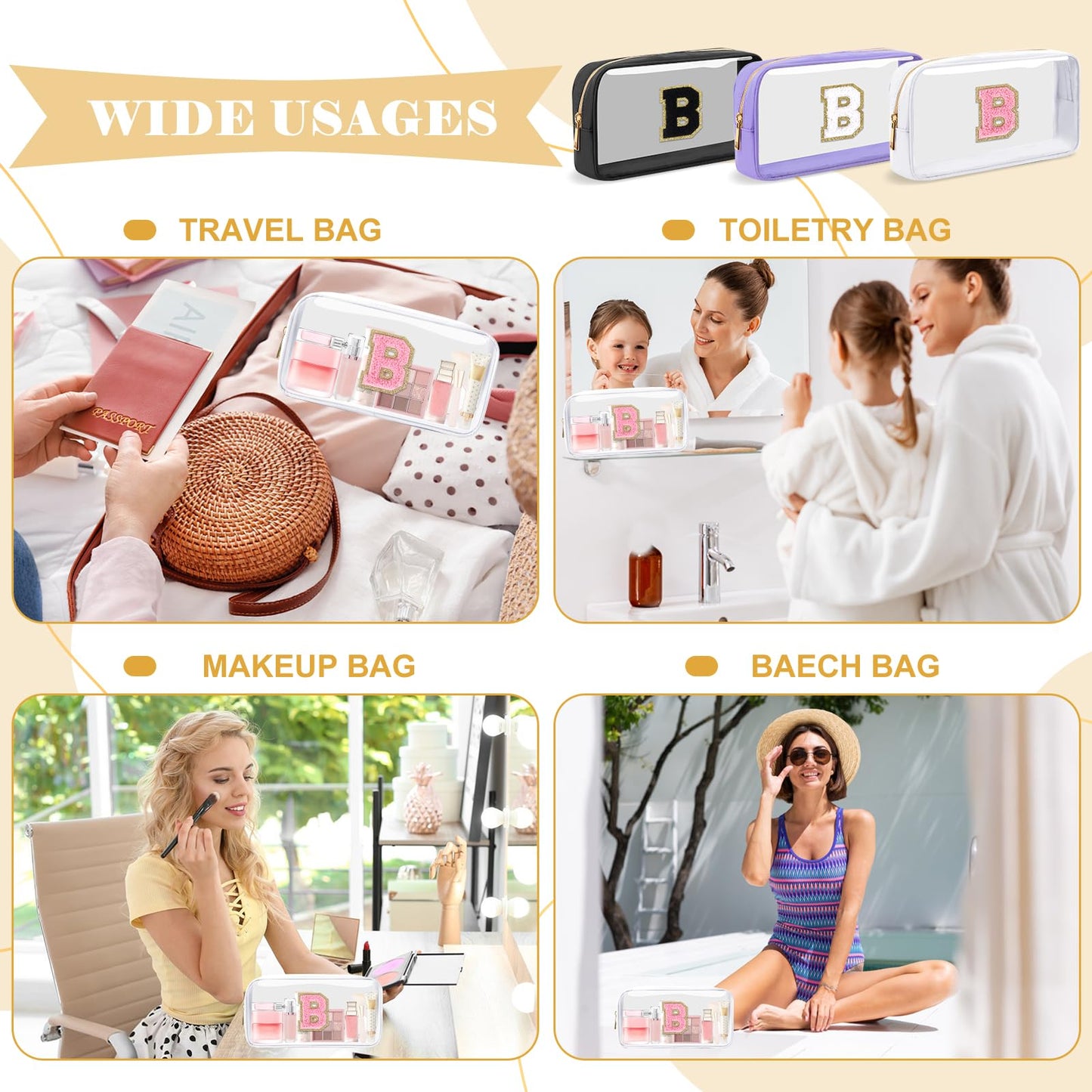 UIXIZQ Personalized Initial Letter Clear Makeup Bag,Preppy Small Nylon&PVC Cosmetic Zipper Bag with Chenille Letter,Travel Skincare Toiletry Bag,Monogram Christmas Gift for Teen Girls Women,B