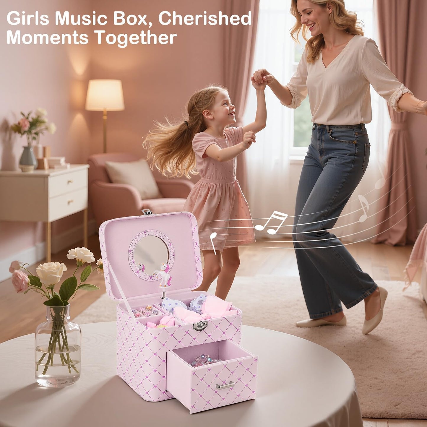 Basumee Musical Jewelry Box for Girls PU Leather Music Box with Drawer Large Kids Jewelry Organizer with Unicorn/Ballerina Jewelry Storage for Little Girls Ages 3–10, Birthday & Holiday Present