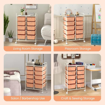 Giantex 10 Drawers Rolling Cart, Classroom Organizers, Storage Cart with Wheels, for Teacher Office Home School Supplies Tool Craft Art Paper, Peach Fuzz