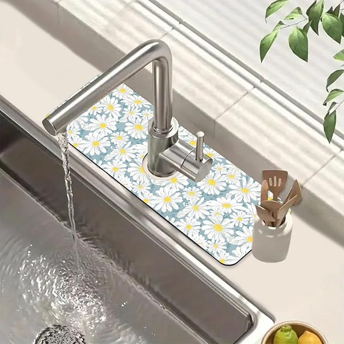 White Flower Sink Splash Guard Cute Chamomile Faucet Absorbing Mat Fast Drying