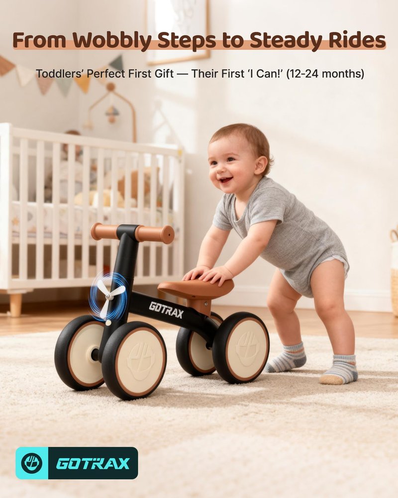 Gotrax Baby Balance Bike 1-2 Years, 7" Front&Rear Silent Wheels, Sturdy Steel Frame 66 lbs Load, Quick 2-Min Assembly, CPC Certified, Comfortable Soft Seat, Toddler Birthday Gift for Boys&Girls Black